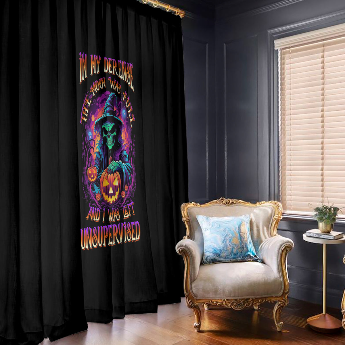 In My Defense I Was Left Unsupervised Halloween Window Curtain - Wonder Print Shop