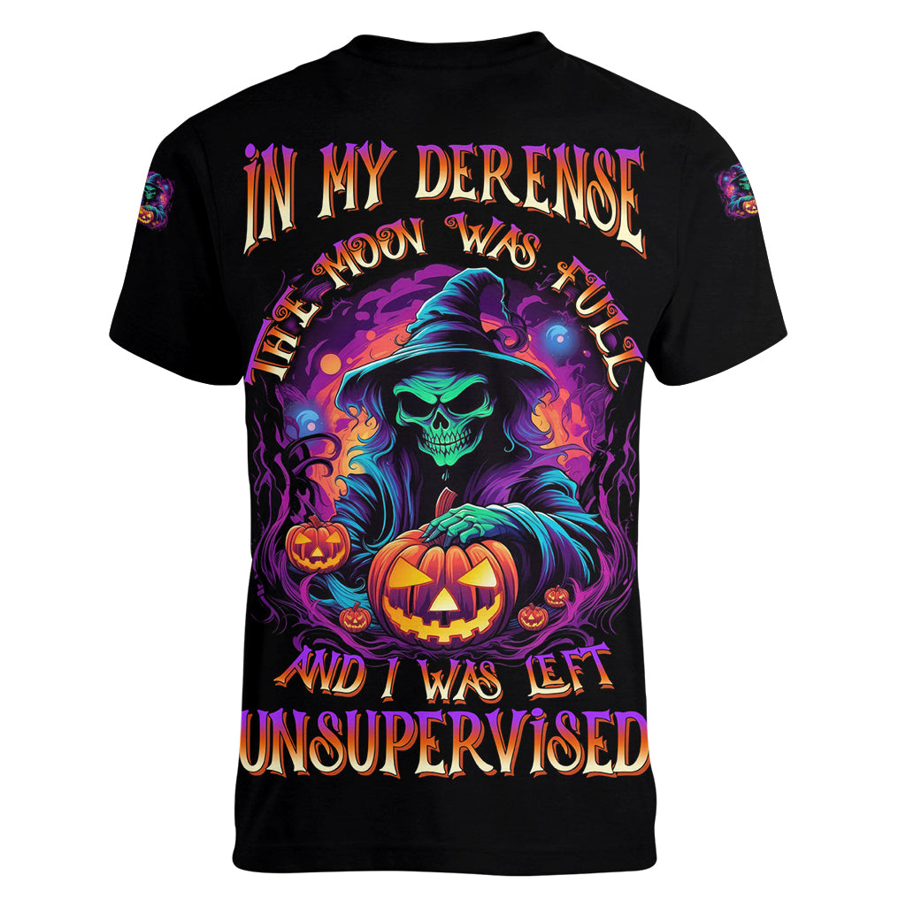 In My Defense I Was Left Unsupervised Halloween Women V Neck T Shirt - Wonder Print Shop