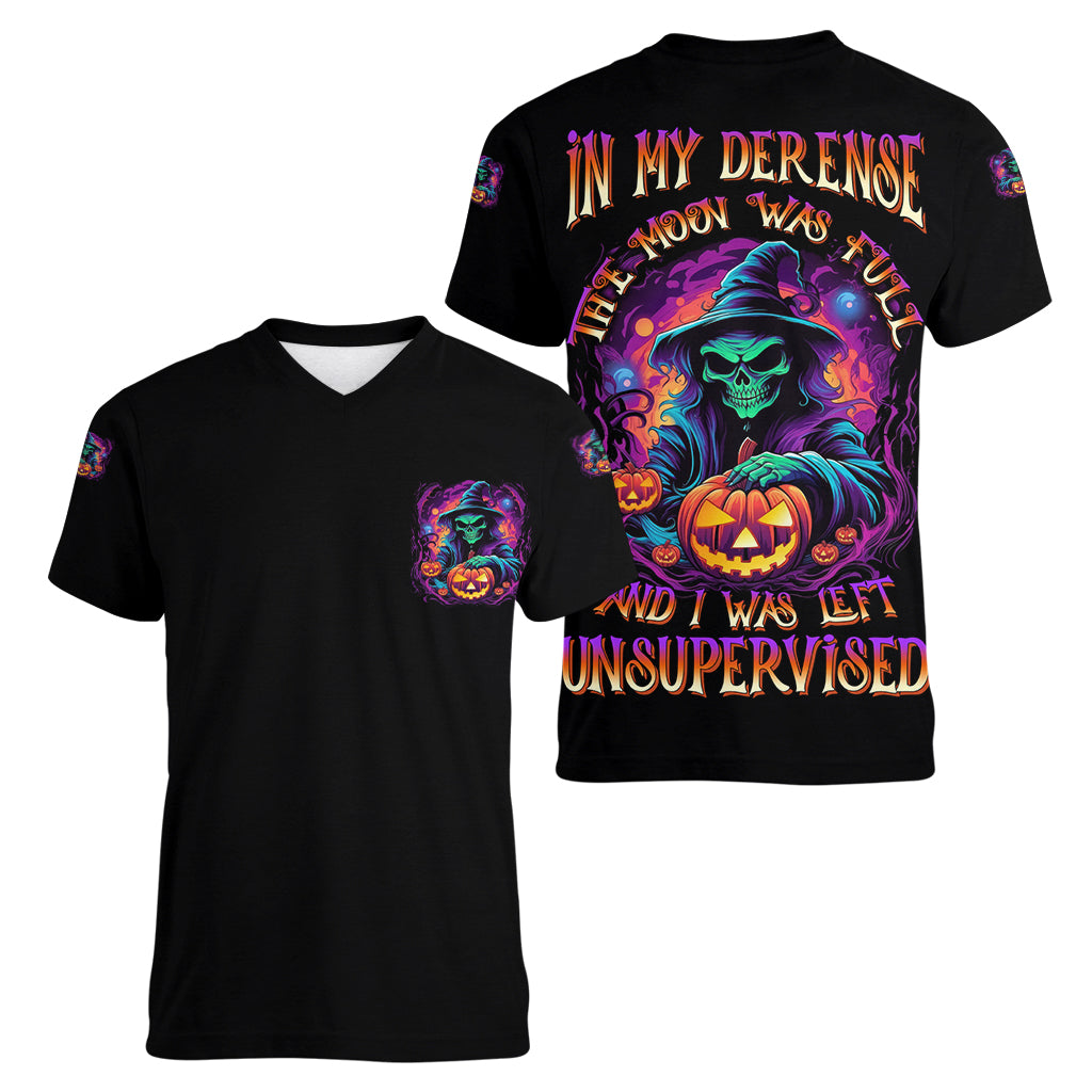 In My Defense I Was Left Unsupervised Halloween Women V Neck T Shirt - Wonder Print Shop