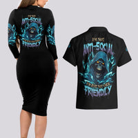 I'm Not Anti-social Mad Reaper Skull Couples Matching Long Sleeve Bodycon Dress and Hawaiian Shirt - Wonder Print Shop