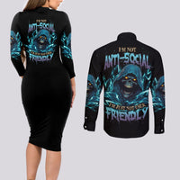 I'm Not Anti-social Mad Reaper Skull Couples Matching Long Sleeve Bodycon Dress and Long Sleeve Button Shirt - Wonder Print Shop
