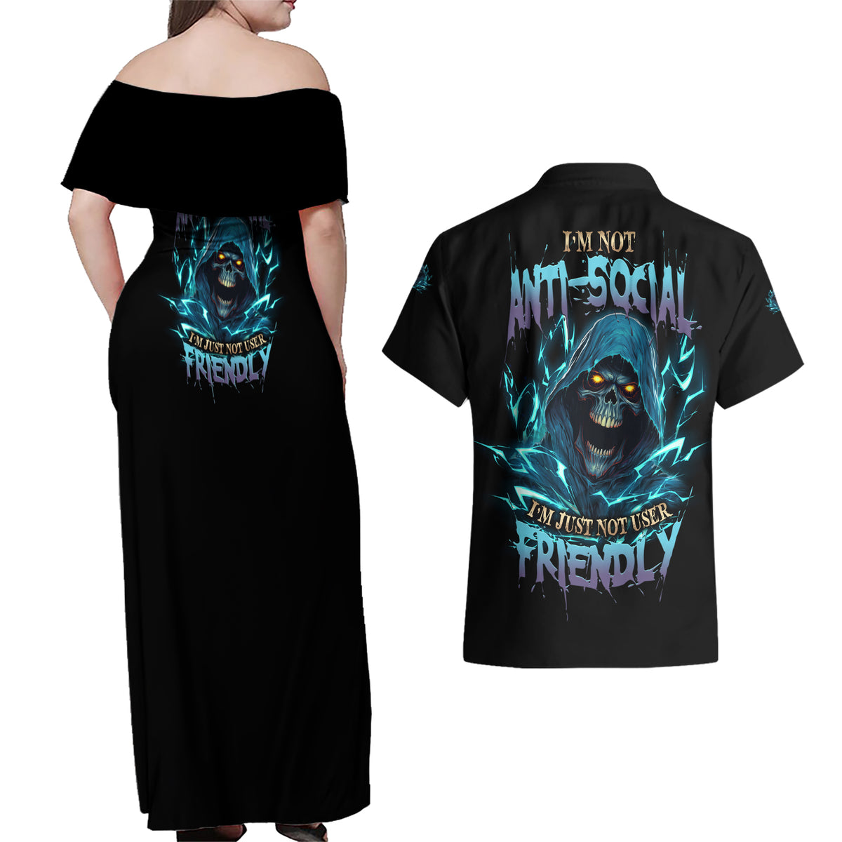 I'm Not Anti-social Mad Reaper Skull Couples Matching Off Shoulder Maxi Dress and Hawaiian Shirt - Wonder Print Shop
