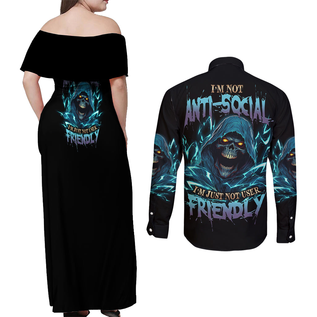 I'm Not Anti-social Mad Reaper Skull Couples Matching Off Shoulder Maxi Dress and Long Sleeve Button Shirt - Wonder Print Shop