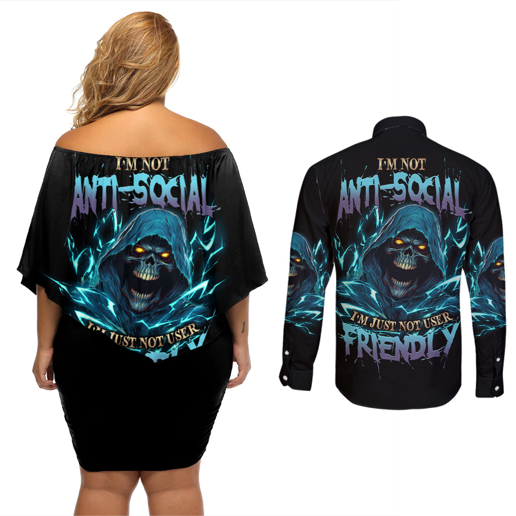 I'm Not Anti-social Mad Reaper Skull Couples Matching Off Shoulder Short Dress and Long Sleeve Button Shirt - Wonder Print Shop