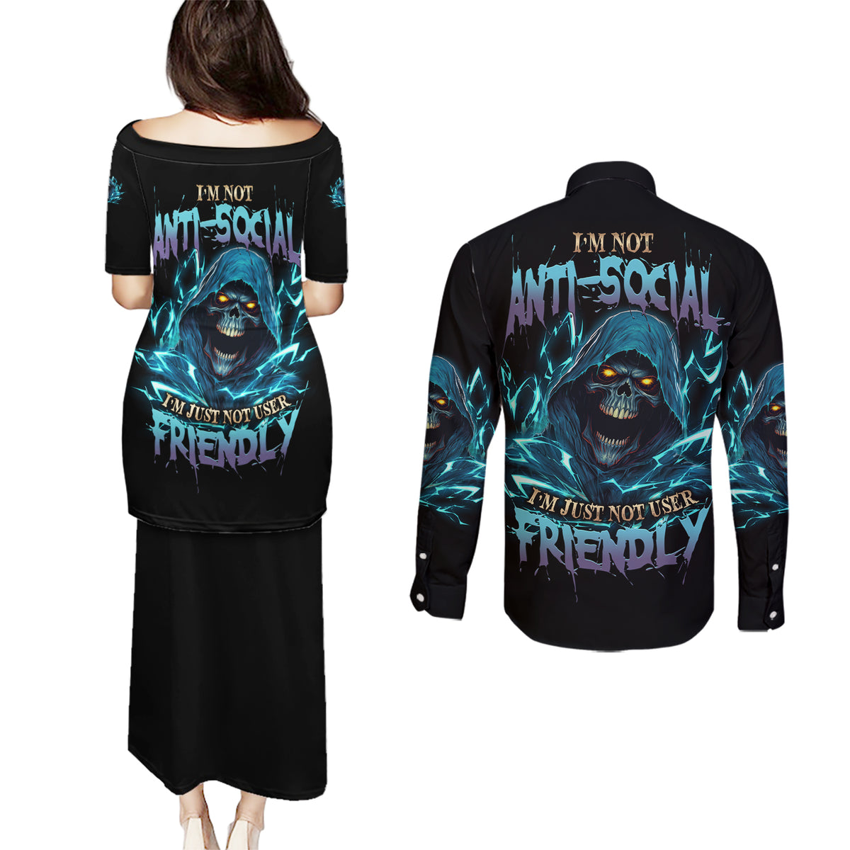 I'm Not Anti-social Mad Reaper Skull Couples Matching Puletasi Dress and Long Sleeve Button Shirt - Wonder Print Shop