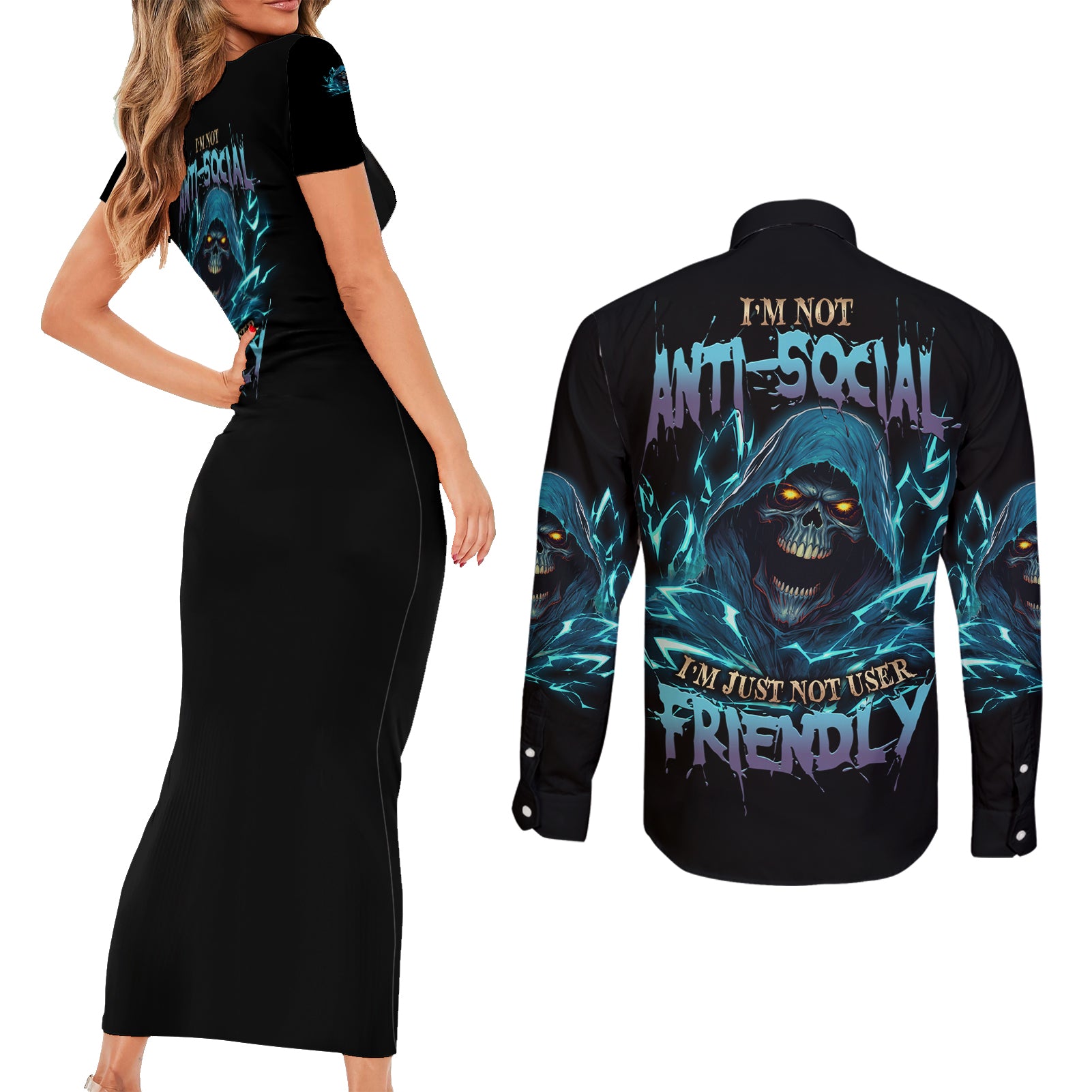 I'm Not Anti-social Mad Reaper Skull Couples Matching Short Sleeve Bodycon Dress and Long Sleeve Button Shirt - Wonder Print Shop