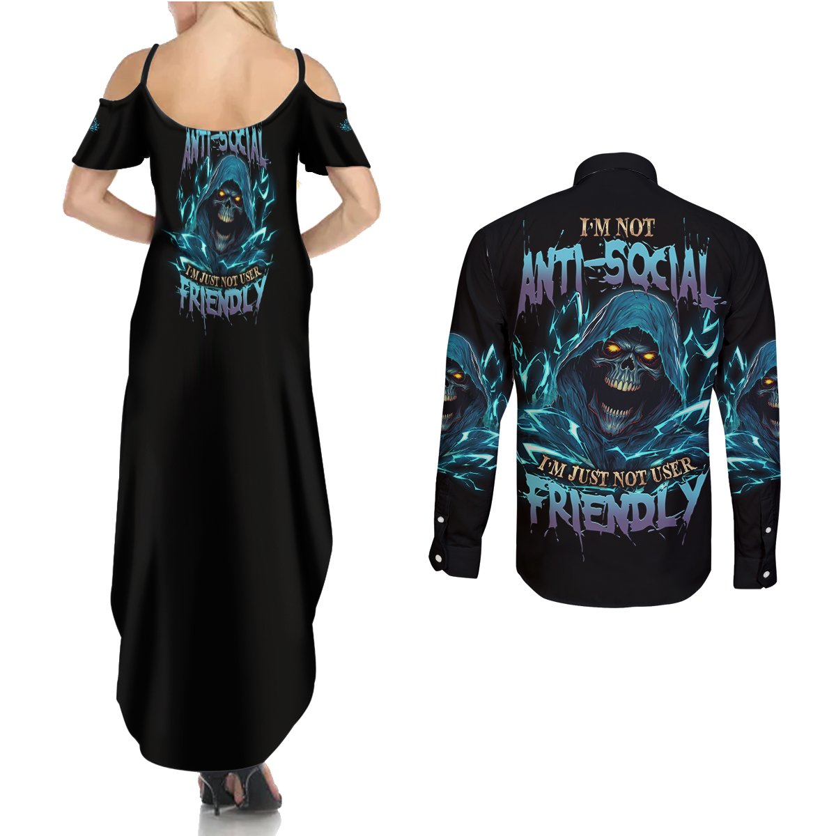 I'm Not Anti-social Mad Reaper Skull Couples Matching Summer Maxi Dress and Long Sleeve Button Shirt - Wonder Print Shop