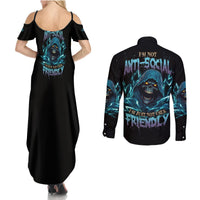 I'm Not Anti-social Mad Reaper Skull Couples Matching Summer Maxi Dress and Long Sleeve Button Shirt - Wonder Print Shop