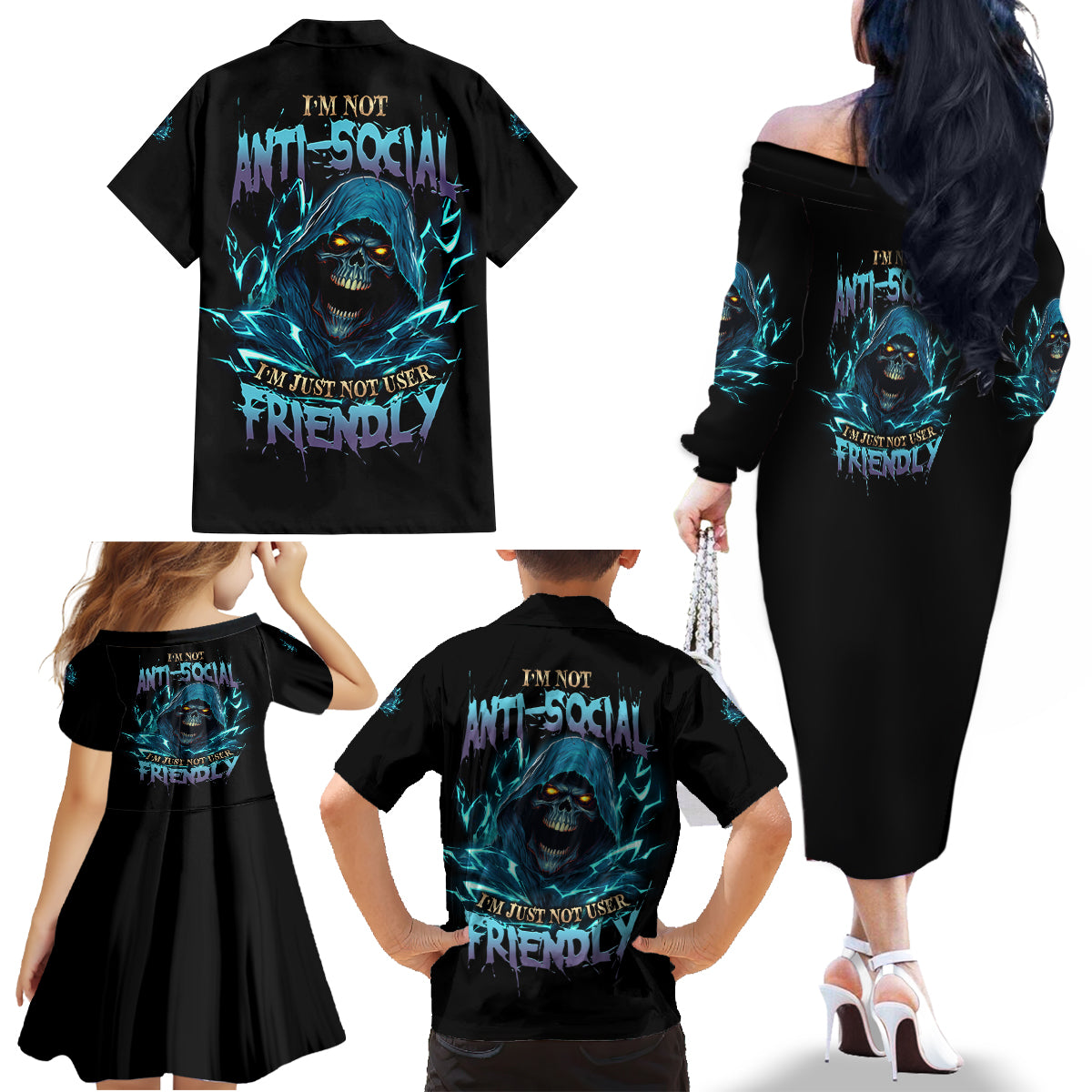 I'm Not Anti-social Mad Reaper Skull Family Matching Off Shoulder Long Sleeve Dress and Hawaiian Shirt - Wonder Print Shop
