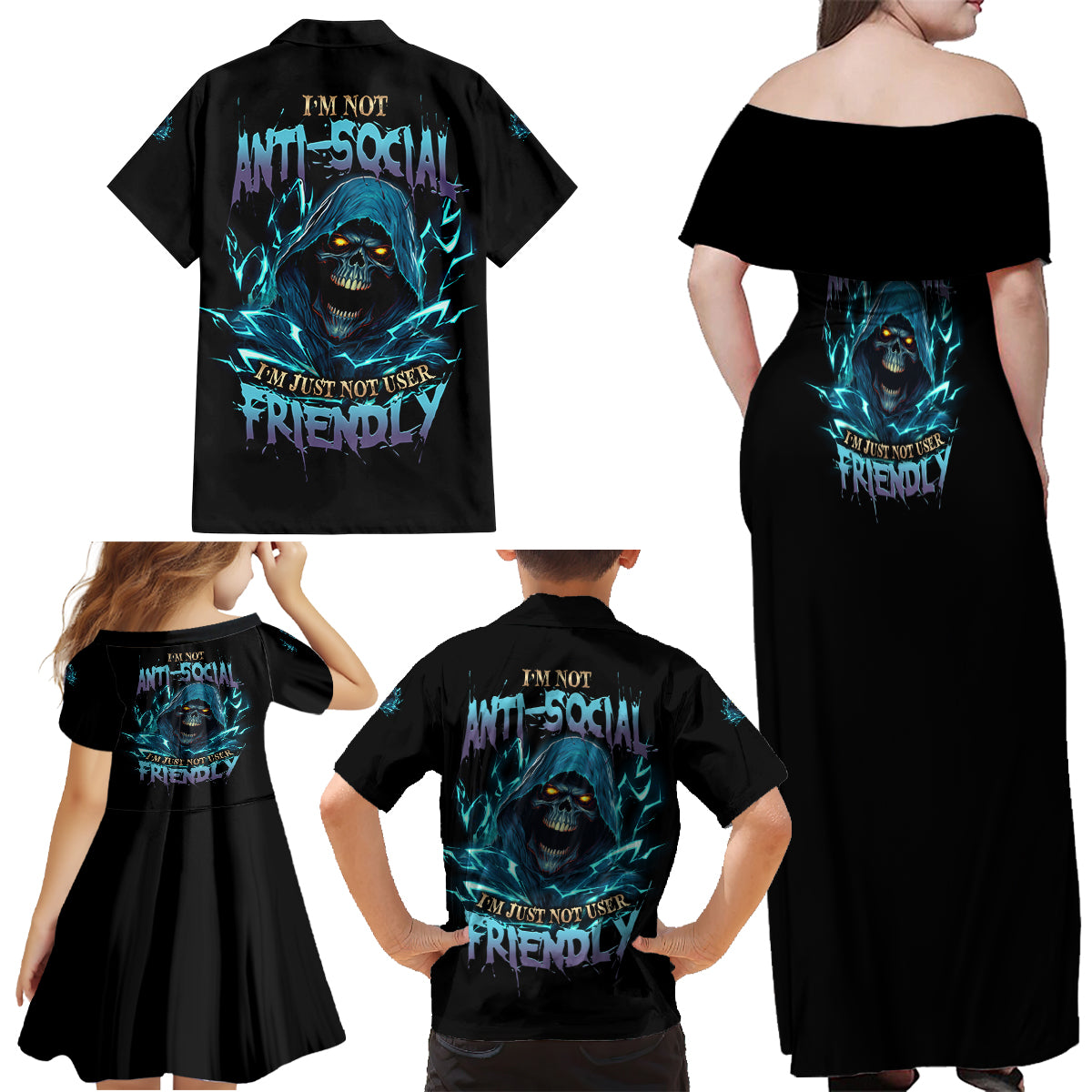 I'm Not Anti-social Mad Reaper Skull Family Matching Off Shoulder Maxi Dress and Hawaiian Shirt - Wonder Print Shop