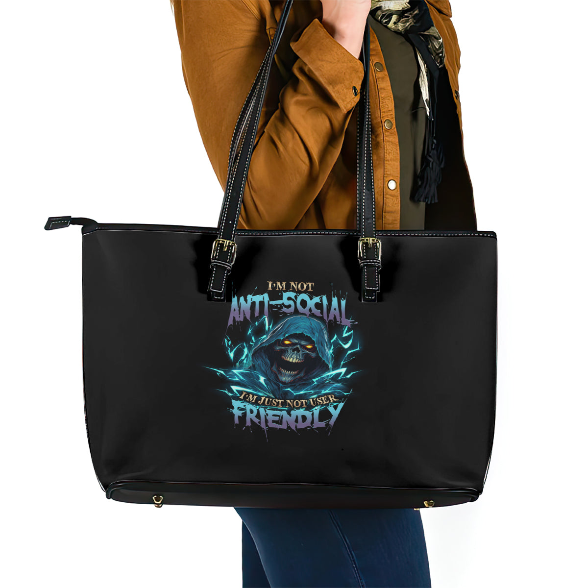 I'm Not Anti-social Mad Reaper Skull Leather Tote Bag - Wonder Print Shop