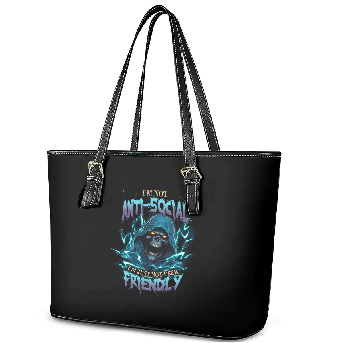 I'm Not Anti-social Mad Reaper Skull Leather Tote Bag - Wonder Print Shop