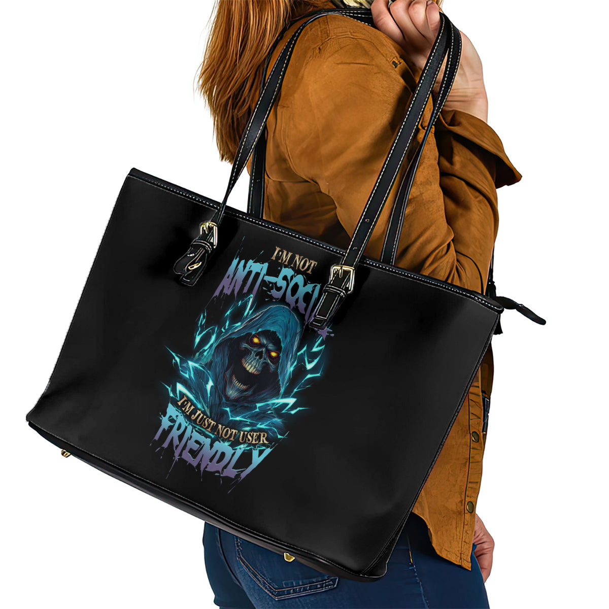 I'm Not Anti-social Mad Reaper Skull Leather Tote Bag - Wonder Print Shop