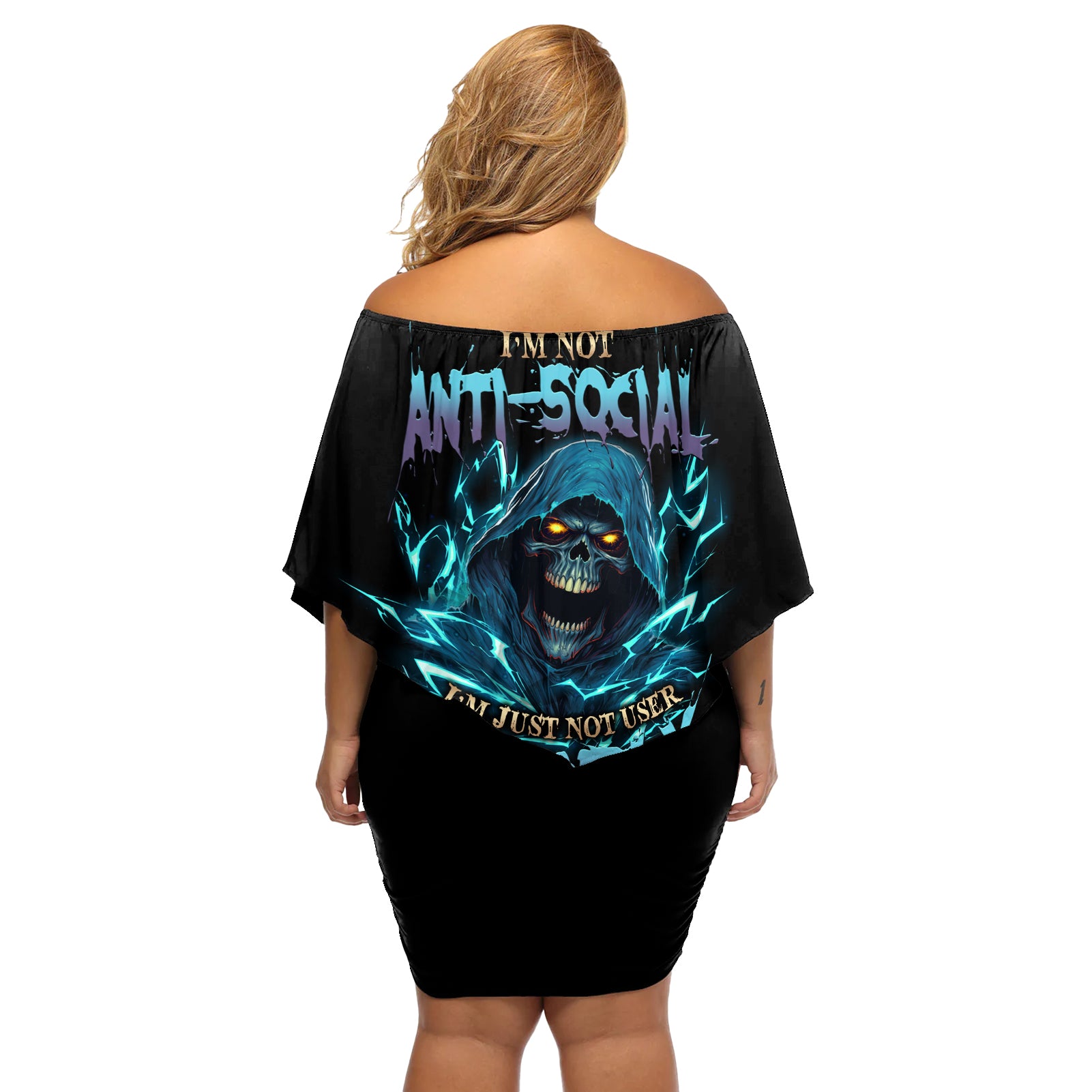 I'm Not Anti-social Mad Reaper Skull Off Shoulder Short Dress - Wonder Print Shop