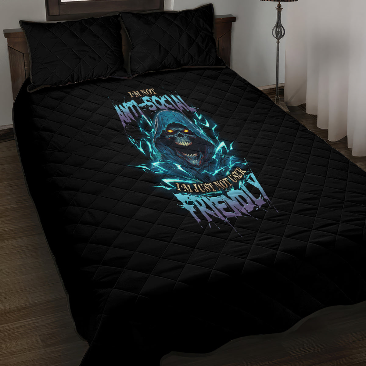 I'm Not Anti-social Mad Reaper Skull Quilt Bed Set - Wonder Print Shop