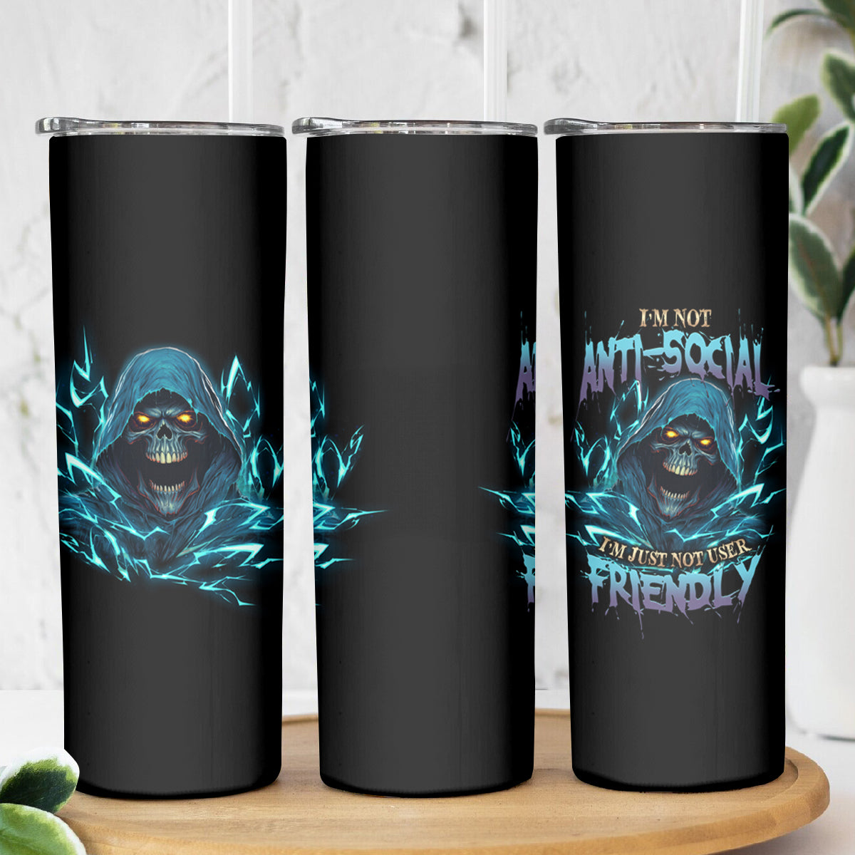 I'm Not Anti-social Mad Reaper Skull Skinny Tumbler - Wonder Print Shop