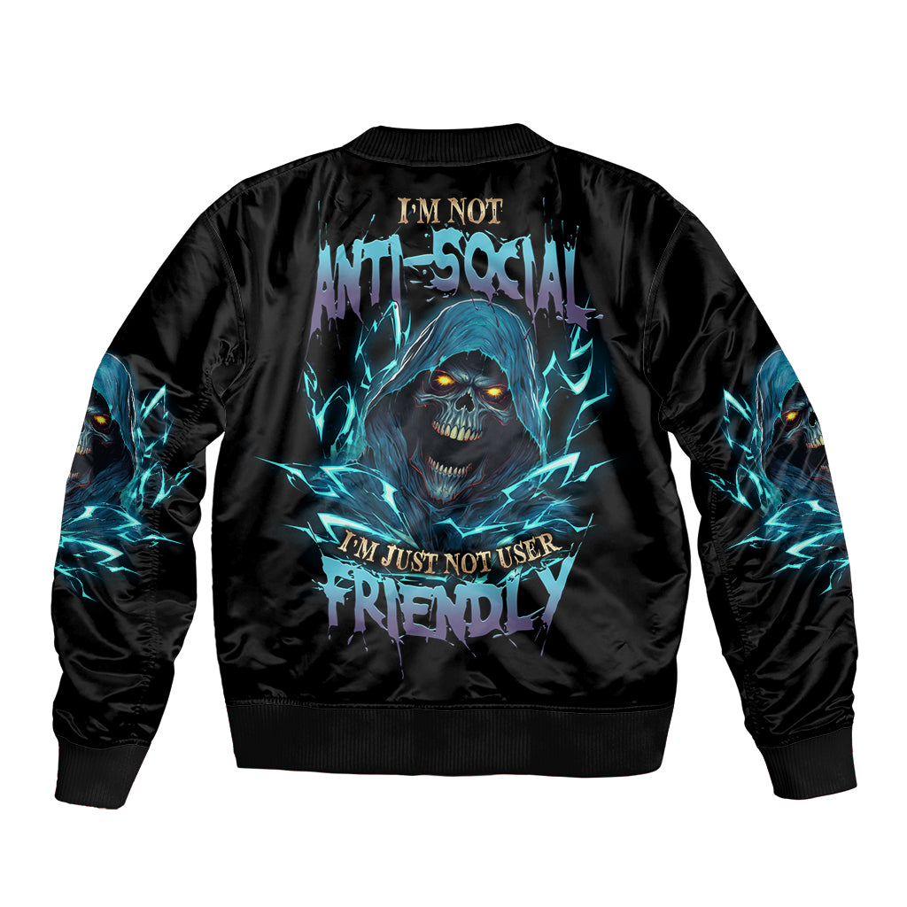 I'm Not Anti-social Mad Reaper Skull Sleeve Zip Bomber Jacket - Wonder Print Shop
