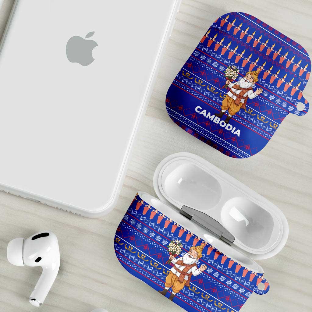 Cambodia Christmas AirPods Case with Santa in Traditional Outfit Elephant Dancers and Snowflake Pattern - Wonder Print Shop