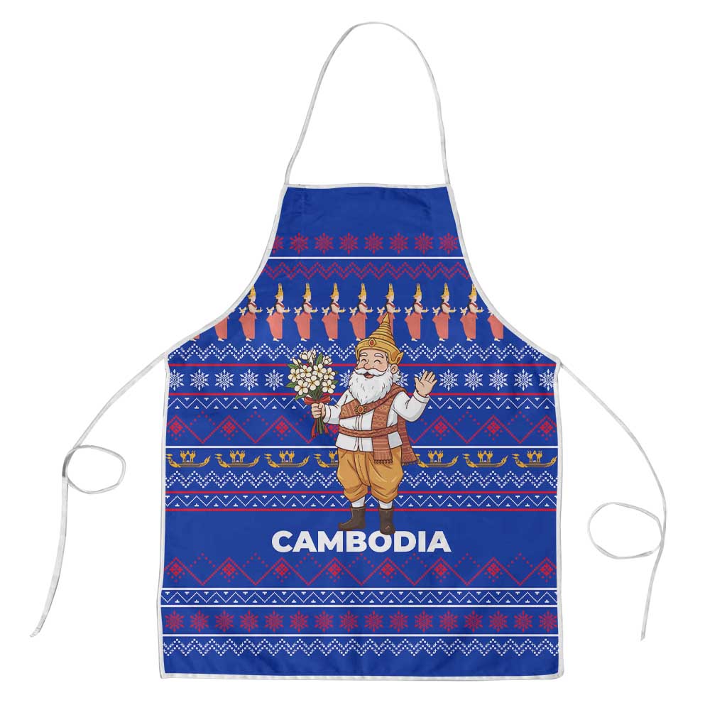 Cambodia Christmas Apron with Santa in Traditional Outfit Elephant Dancers and Snowflake Pattern - Wonder Print Shop