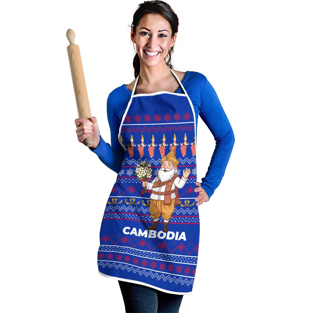 Cambodia Christmas Apron with Santa in Traditional Outfit Elephant Dancers and Snowflake Pattern - Wonder Print Shop