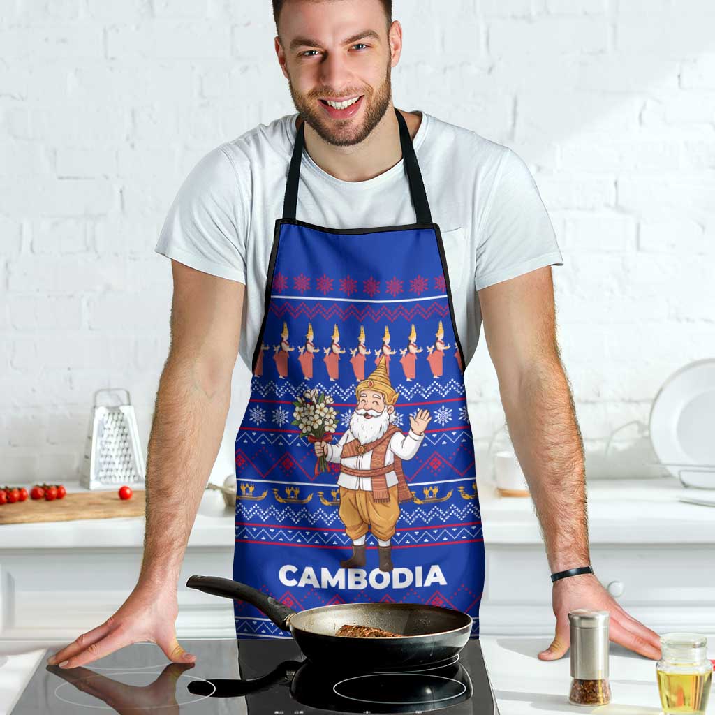 Cambodia Christmas Apron with Santa in Traditional Outfit Elephant Dancers and Snowflake Pattern - Wonder Print Shop