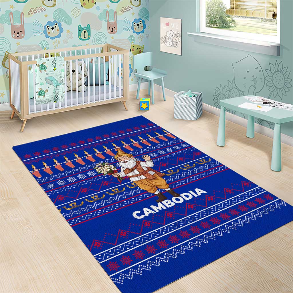 Cambodia Christmas Area Rug with Santa in Traditional Outfit Elephant Dancers and Snowflake Pattern - Wonder Print Shop
