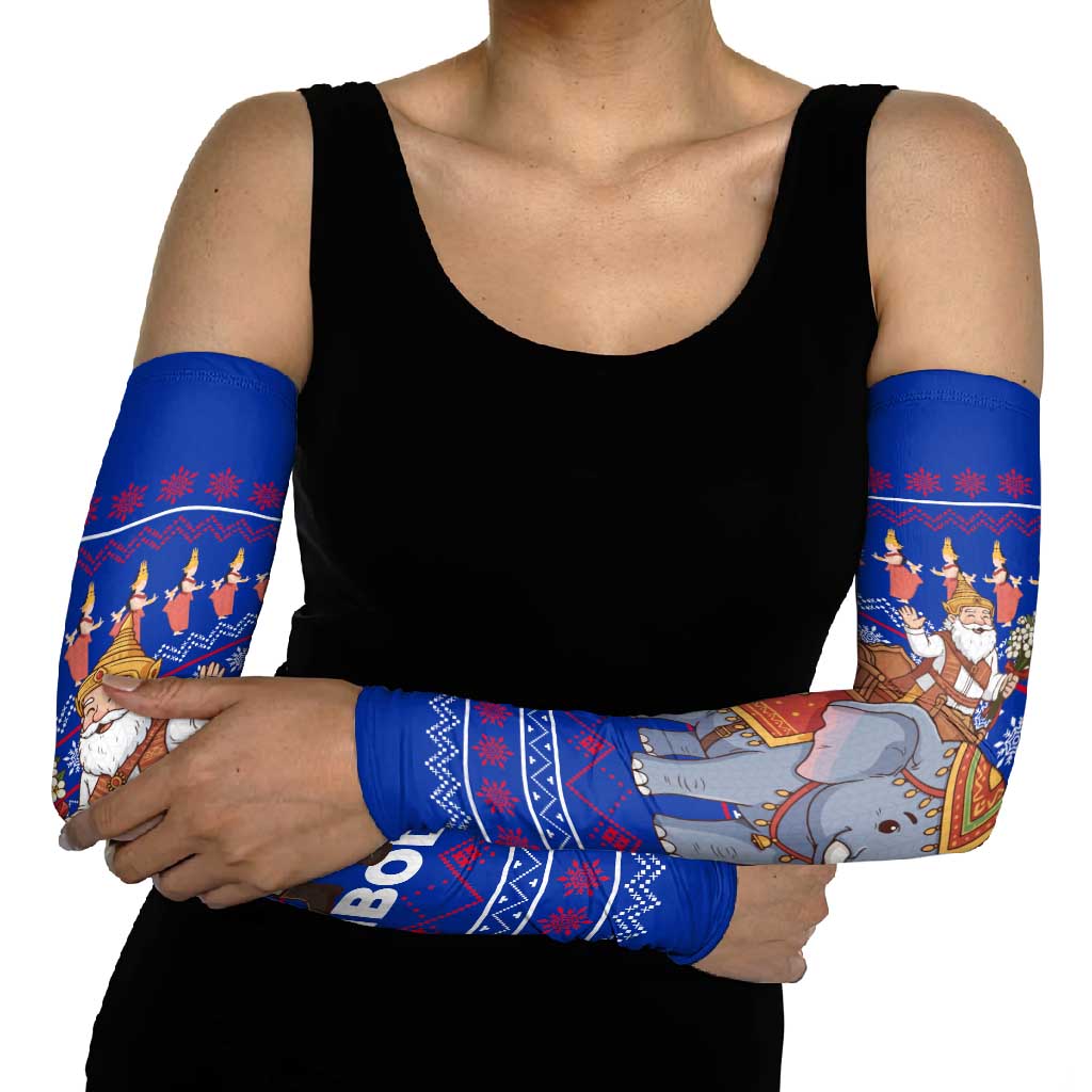 Cambodia Christmas Arm Sleeves with Santa in Traditional Outfit Elephant Dancers and Snowflake Pattern - Wonder Print Shop