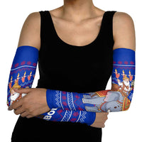Cambodia Christmas Arm Sleeves with Santa in Traditional Outfit Elephant Dancers and Snowflake Pattern - Wonder Print Shop