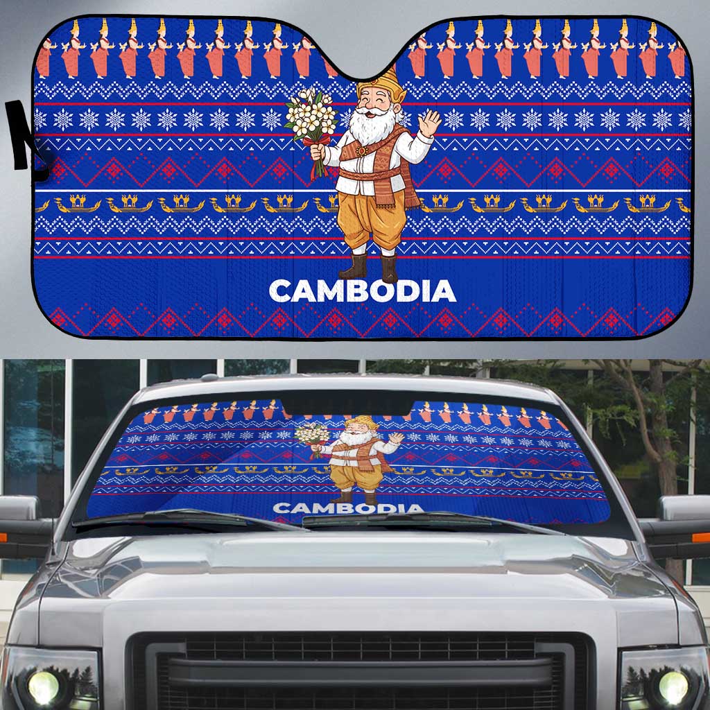 Cambodia Christmas Auto Sun Shade with Santa in Traditional Outfit Elephant Dancers and Snowflake Pattern - Wonder Print Shop