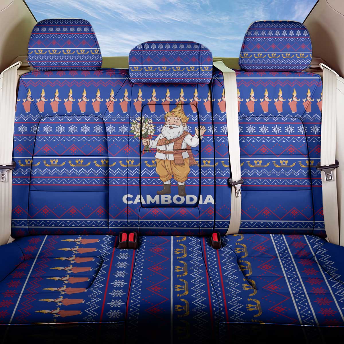 Cambodia Christmas Back Car Seat Cover with Santa in Traditional Outfit Elephant Dancers and Snowflake Pattern - Wonder Print Shop