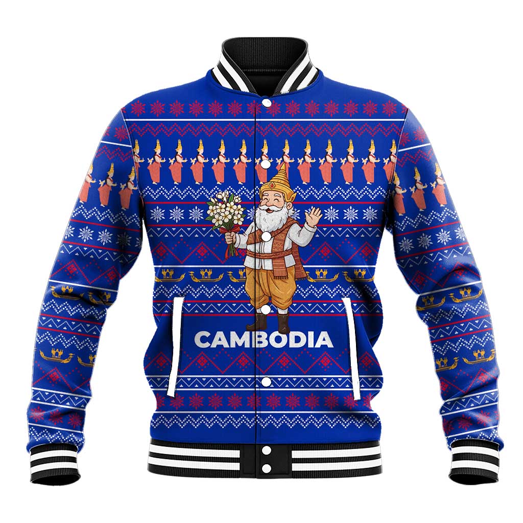 Cambodia Christmas Baseball Jacket with Santa in Traditional Outfit Elephant Dancers and Snowflake Pattern - Wonder Print Shop