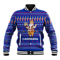 Cambodia Christmas Baseball Jacket with Santa in Traditional Outfit Elephant Dancers and Snowflake Pattern - Wonder Print Shop