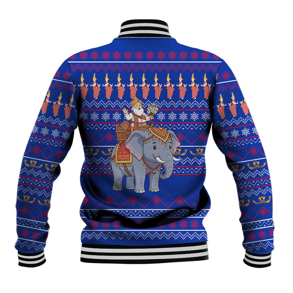 Cambodia Christmas Baseball Jacket with Santa in Traditional Outfit Elephant Dancers and Snowflake Pattern - Wonder Print Shop