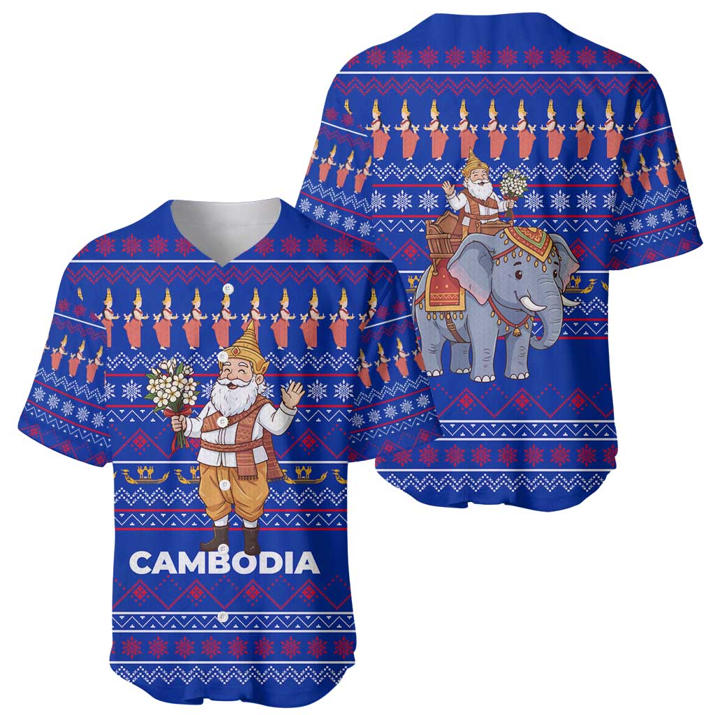 Cambodia Christmas Baseball Jersey with Santa in Traditional Outfit Elephant Dancers and Snowflake Pattern - Wonder Print Shop