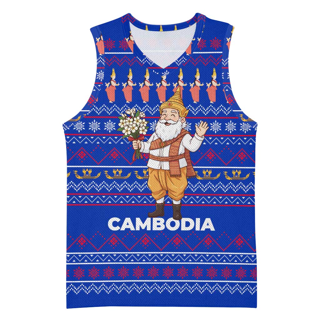 Cambodia Christmas Basketball Jersey with Santa in Traditional Outfit Elephant Dancers and Snowflake Pattern - Wonder Print Shop