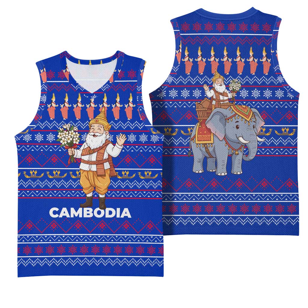 Cambodia Christmas Basketball Jersey with Santa in Traditional Outfit Elephant Dancers and Snowflake Pattern - Wonder Print Shop