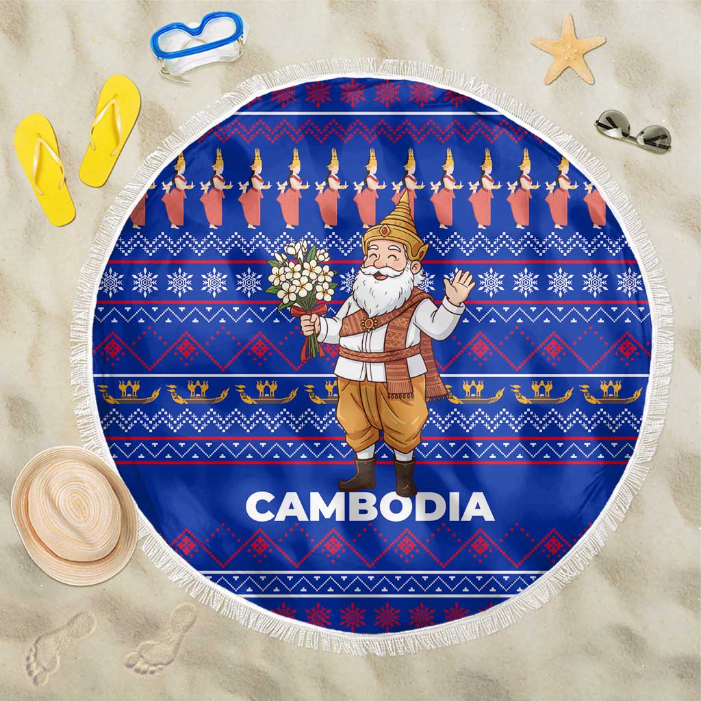 Cambodia Christmas Beach Blanket with Santa in Traditional Outfit Elephant Dancers and Snowflake Pattern - Wonder Print Shop