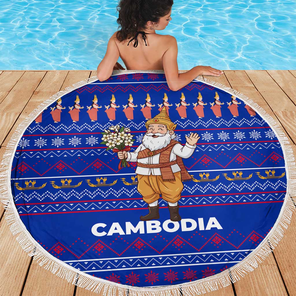 Cambodia Christmas Beach Blanket with Santa in Traditional Outfit Elephant Dancers and Snowflake Pattern - Wonder Print Shop