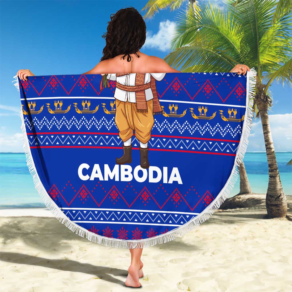 Cambodia Christmas Beach Blanket with Santa in Traditional Outfit Elephant Dancers and Snowflake Pattern - Wonder Print Shop