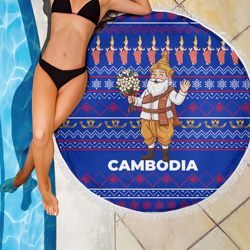 Cambodia Christmas Beach Blanket with Santa in Traditional Outfit Elephant Dancers and Snowflake Pattern - Wonder Print Shop