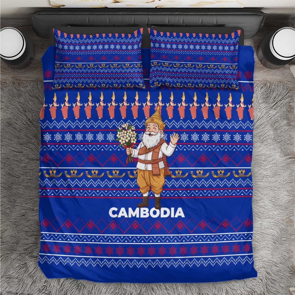 Cambodia Christmas Bedding Set with Santa in Traditional Outfit Elephant Dancers and Snowflake Pattern - Wonder Print Shop