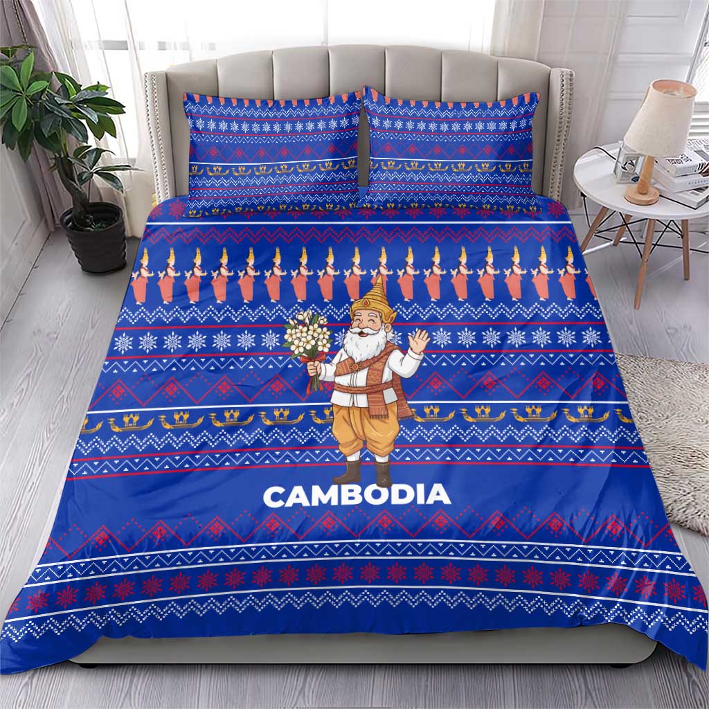 Cambodia Christmas Bedding Set with Santa in Traditional Outfit Elephant Dancers and Snowflake Pattern - Wonder Print Shop