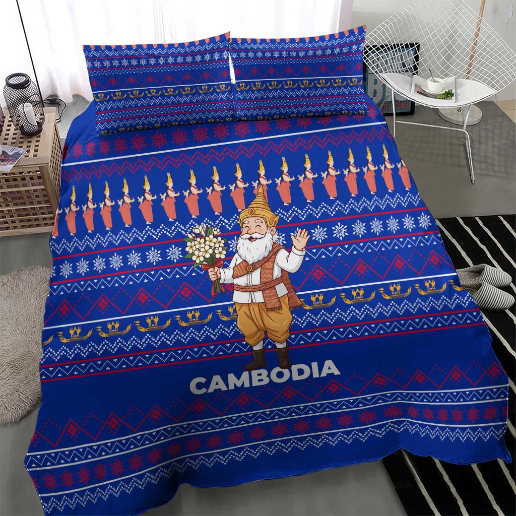 Cambodia Christmas Bedding Set with Santa in Traditional Outfit Elephant Dancers and Snowflake Pattern - Wonder Print Shop