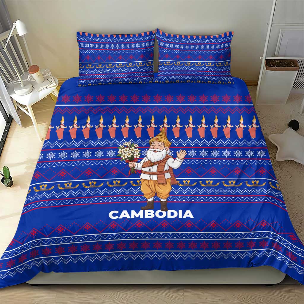 Cambodia Christmas Bedding Set with Santa in Traditional Outfit Elephant Dancers and Snowflake Pattern - Wonder Print Shop