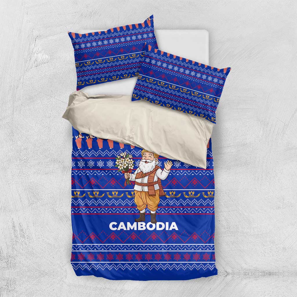 Cambodia Christmas Bedding Set with Santa in Traditional Outfit Elephant Dancers and Snowflake Pattern - Wonder Print Shop