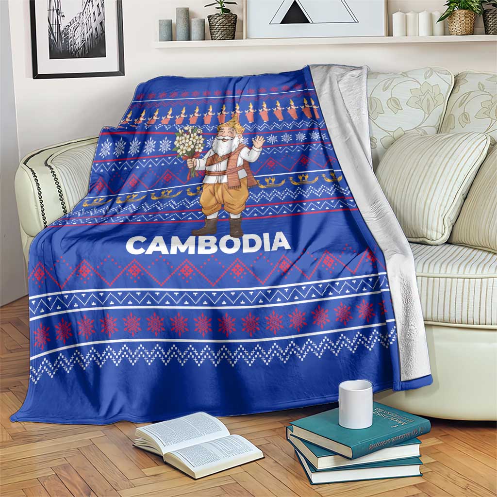 Cambodia Christmas Blanket with Santa in Traditional Outfit Elephant Dancers and Snowflake Pattern - Wonder Print Shop