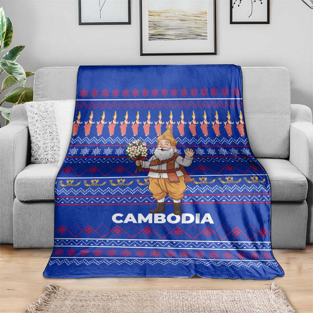 Cambodia Christmas Blanket with Santa in Traditional Outfit Elephant Dancers and Snowflake Pattern - Wonder Print Shop