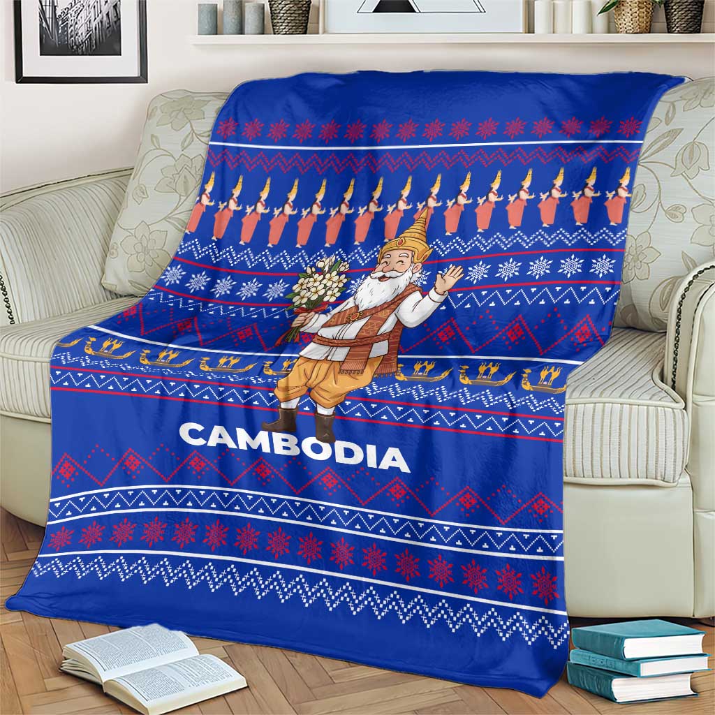 Cambodia Christmas Blanket with Santa in Traditional Outfit Elephant Dancers and Snowflake Pattern - Wonder Print Shop