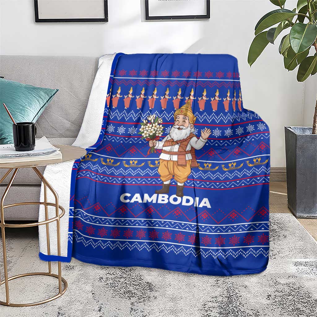 Cambodia Christmas Blanket with Santa in Traditional Outfit Elephant Dancers and Snowflake Pattern - Wonder Print Shop