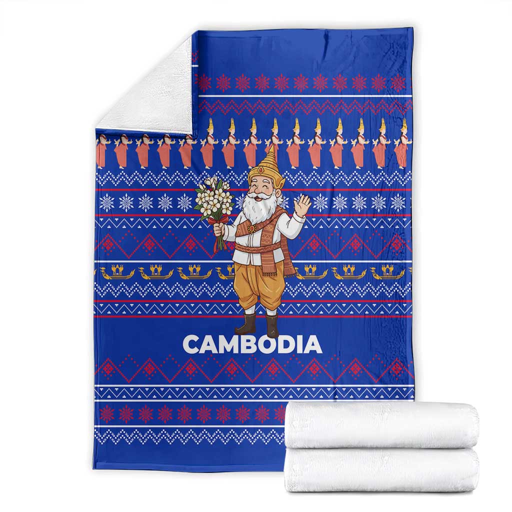 Cambodia Christmas Blanket with Santa in Traditional Outfit Elephant Dancers and Snowflake Pattern - Wonder Print Shop